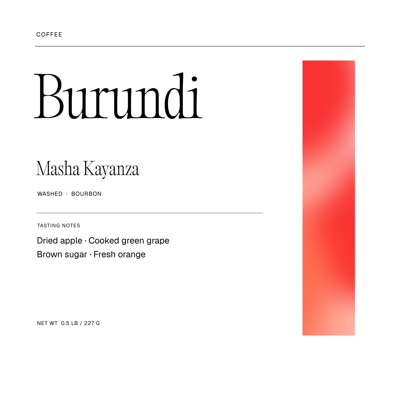 Burundi Masha Kayanza coffee artwork, with notes of Dried apple, Cooked green grape, Brown sugar, Fresh orange.