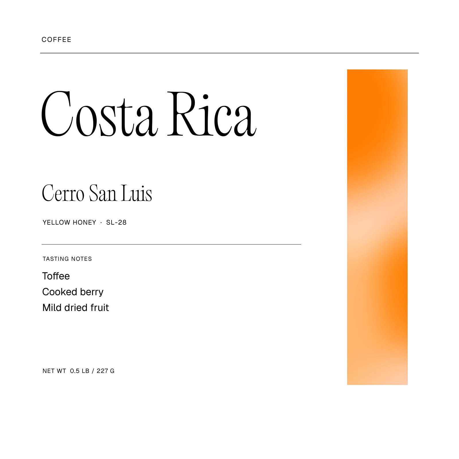 Costa Rica Cerro San Luis coffee artwork, with notes of Toffee, Cooked berry, Mild dried fruit.